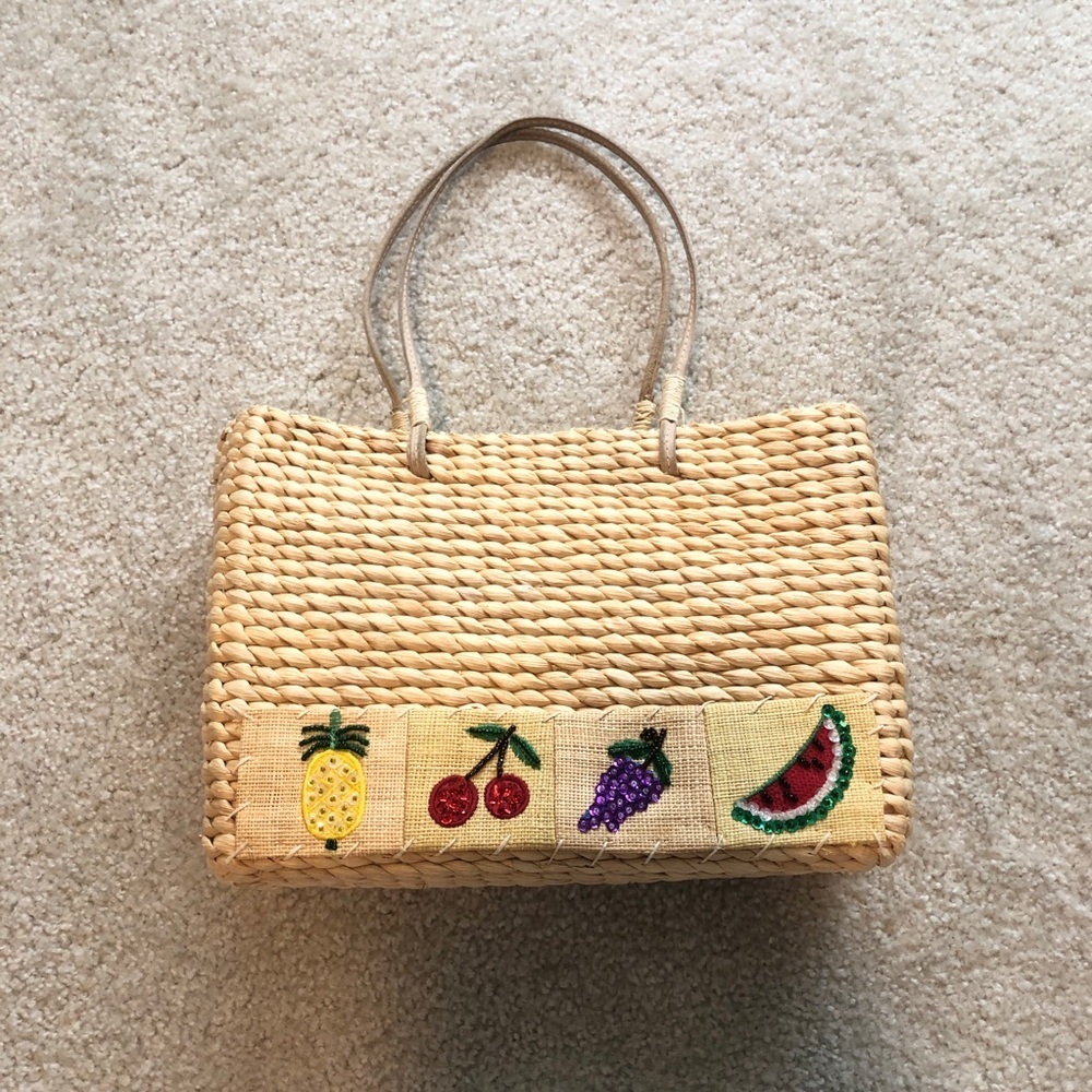 Xhilaration Vintage Wicker Purse Embroidered Beaded Fruit Medium Size Bag